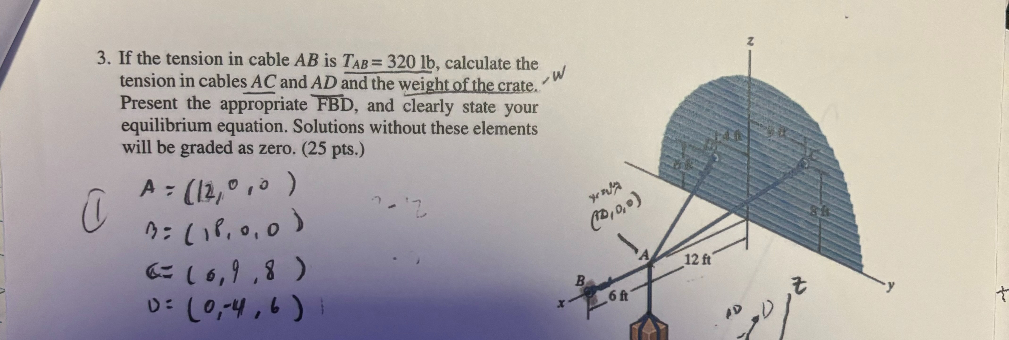 If the tension in cable A B is T A B = 3 2 0 l b
