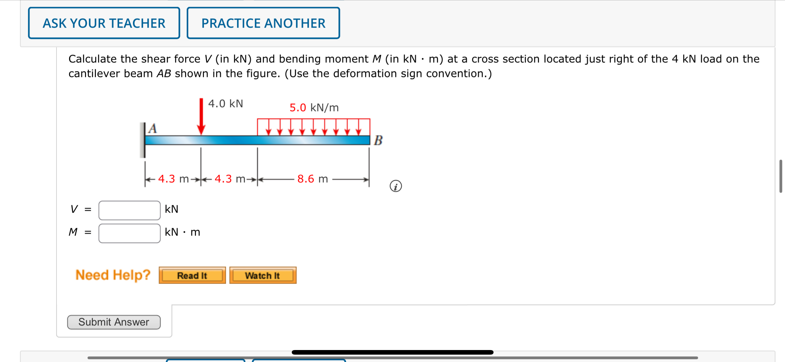 Calculate the shear force V ( in kN ) and bending