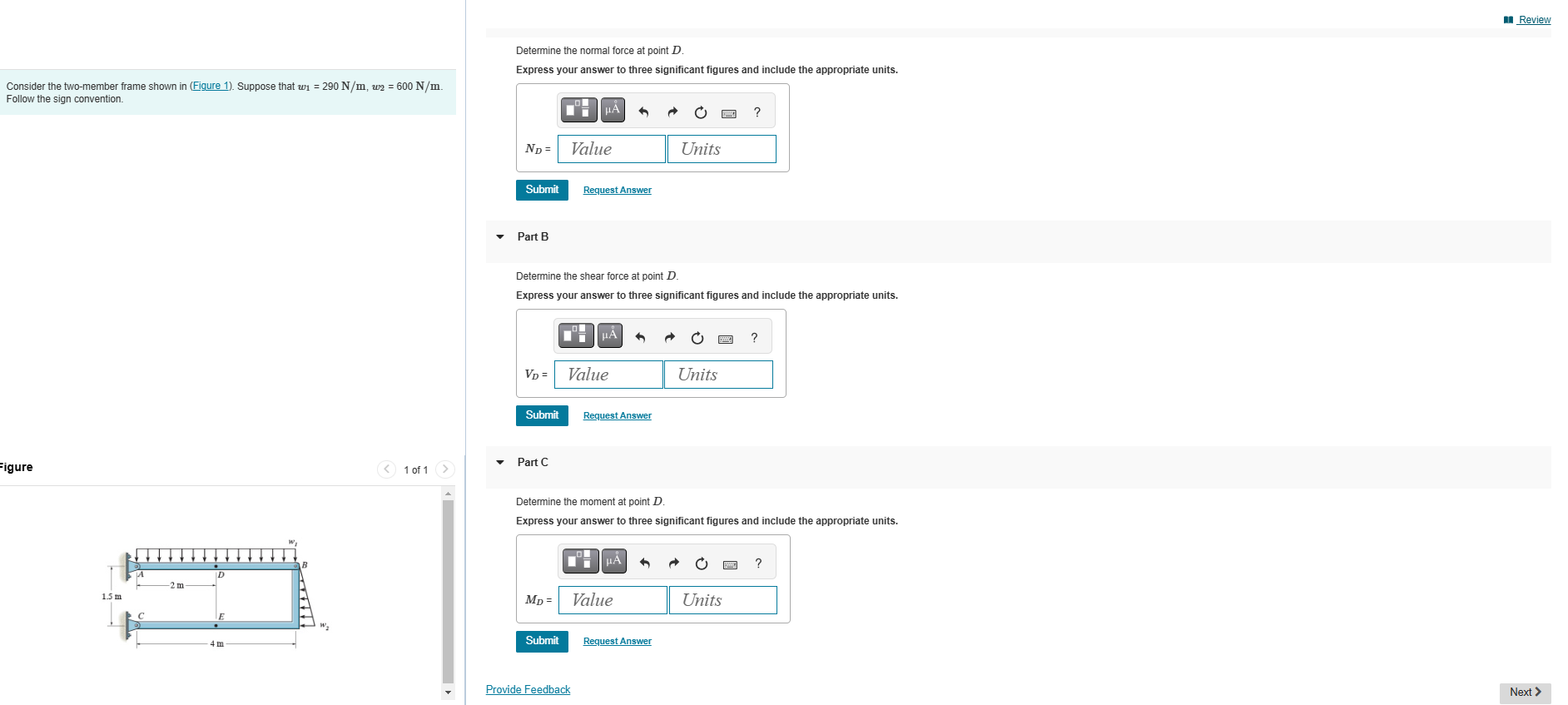 Determine the normal force at point \ ( D \ ) .