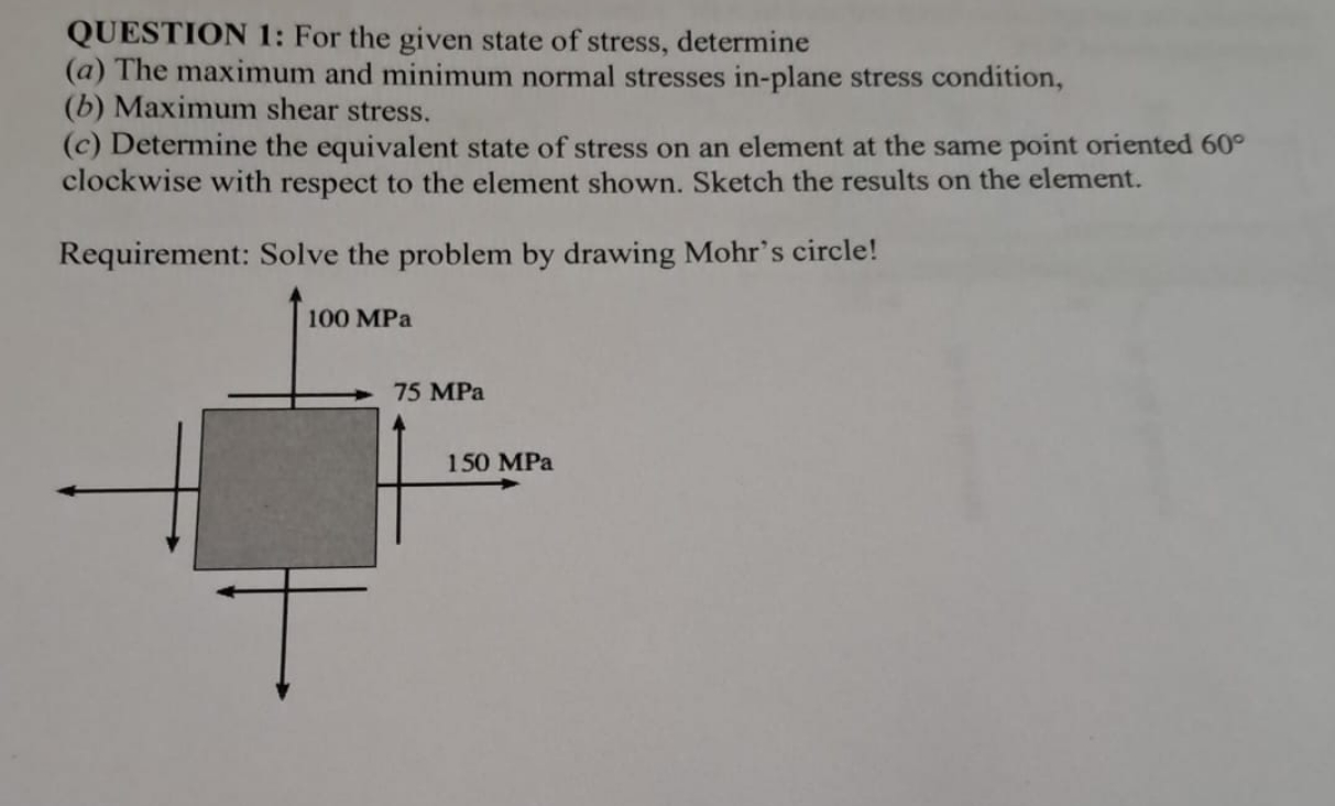 QUESTION 1 : For the given state of stress,