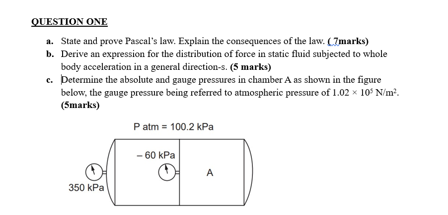 QUESTION ONE a . State and prove Pascal's law.