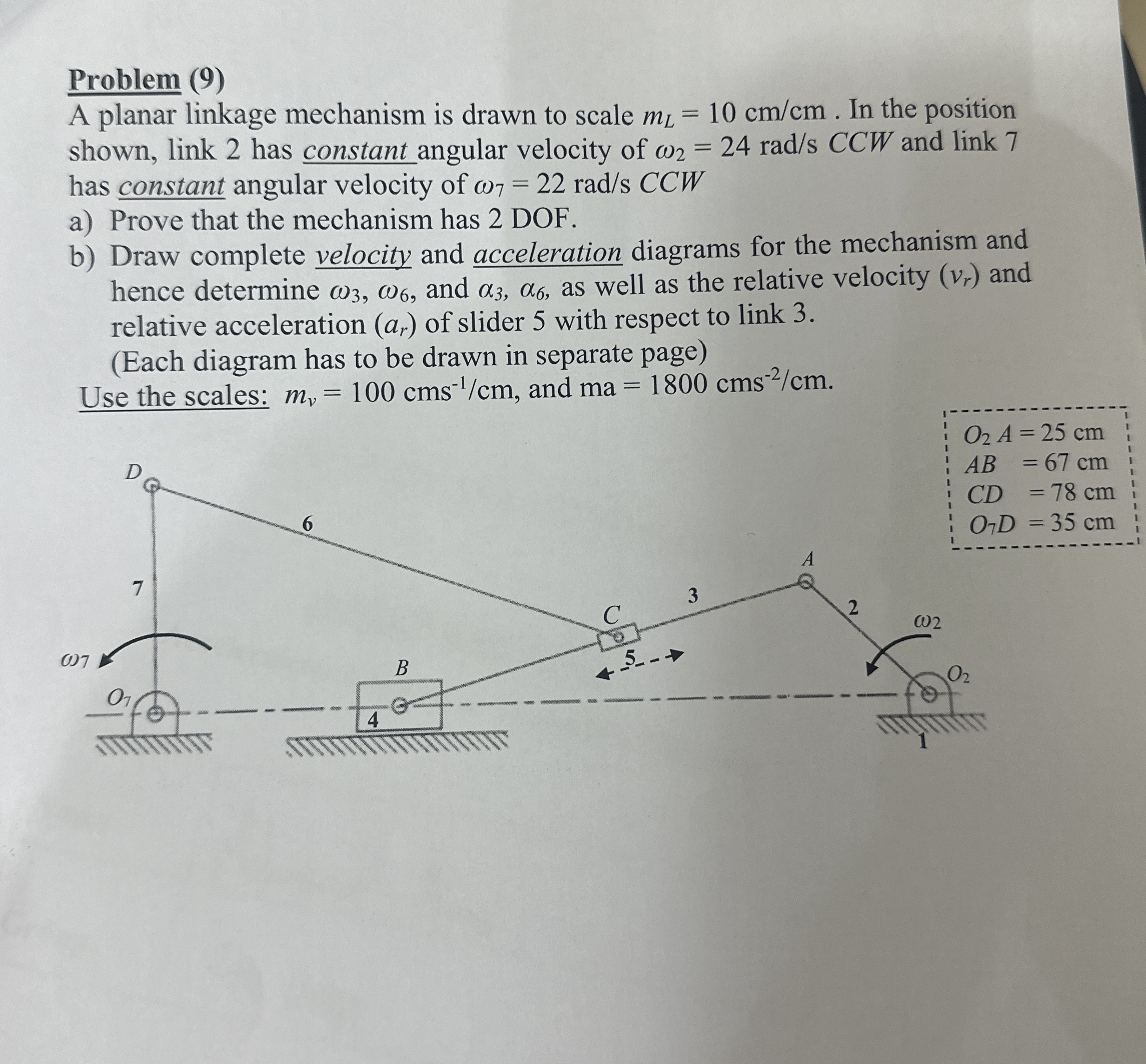 Problem ( 9 ) A planar linkage mechanism is drawn
