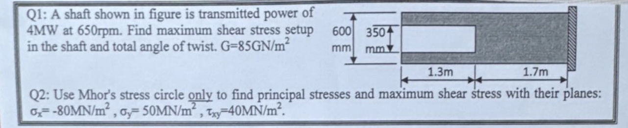 Q 1 : A shaft shown in figure is transmitted