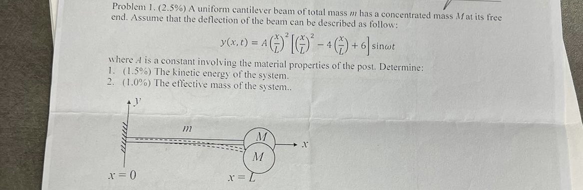 Problem 1 . ( 2 . 5 % ) A uniform cantilever beam