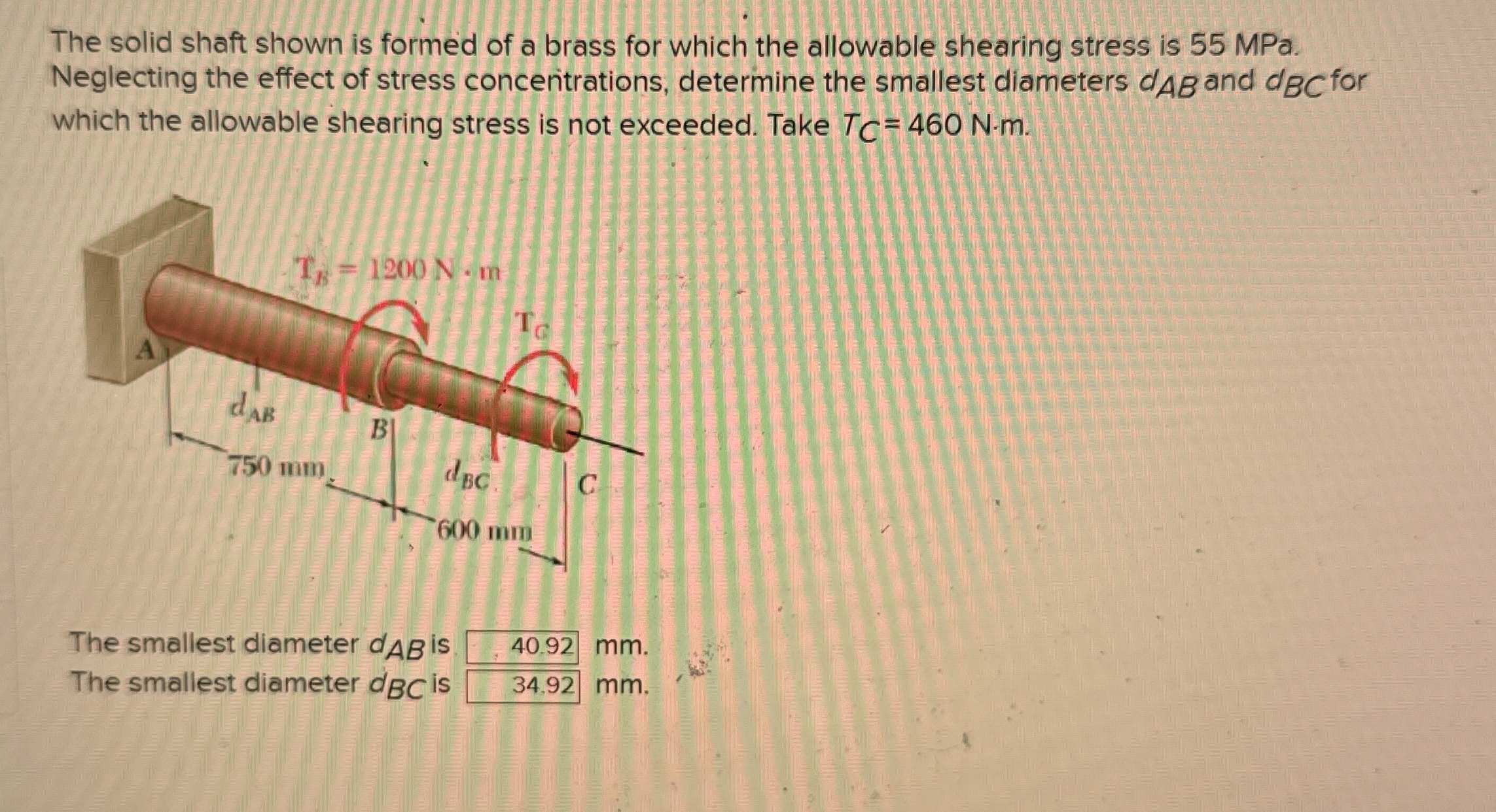 The solid shaft shown is formed of a brass for