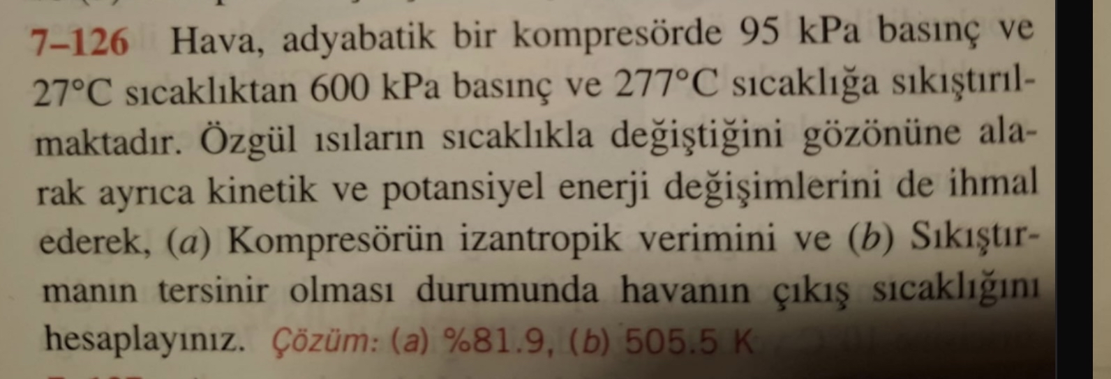 7 - 1 2 6 Hava, adyabatik bir kompres rde 9 5 kPa