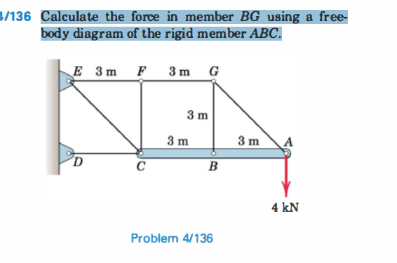 / 1 3 6 Calculate the force in member B G using a