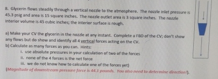 Glycerin flows steadily through a vertical nozzle