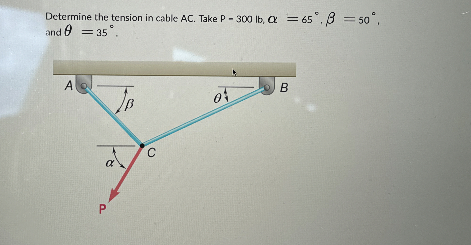 Determine the tension in cable AC . Take P = 3 0
