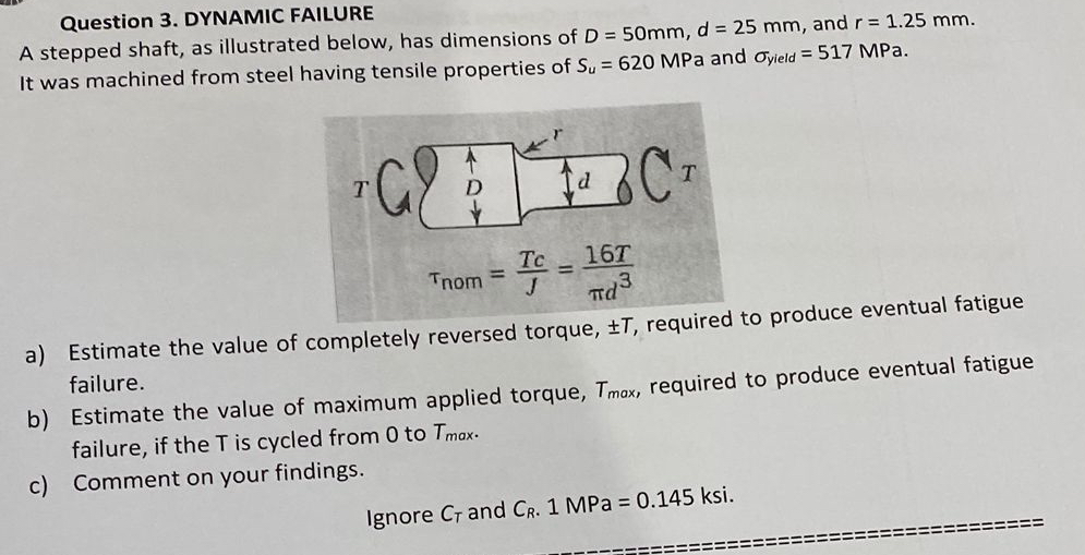 Question 3 . DYNAMIC FAILURE A stepped shaft, as