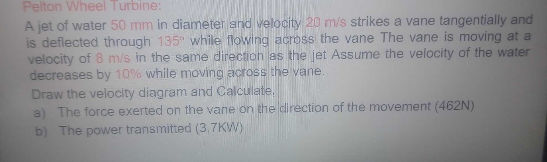 Pelton Wheel Turbine: A jet of water 5 0 mm in