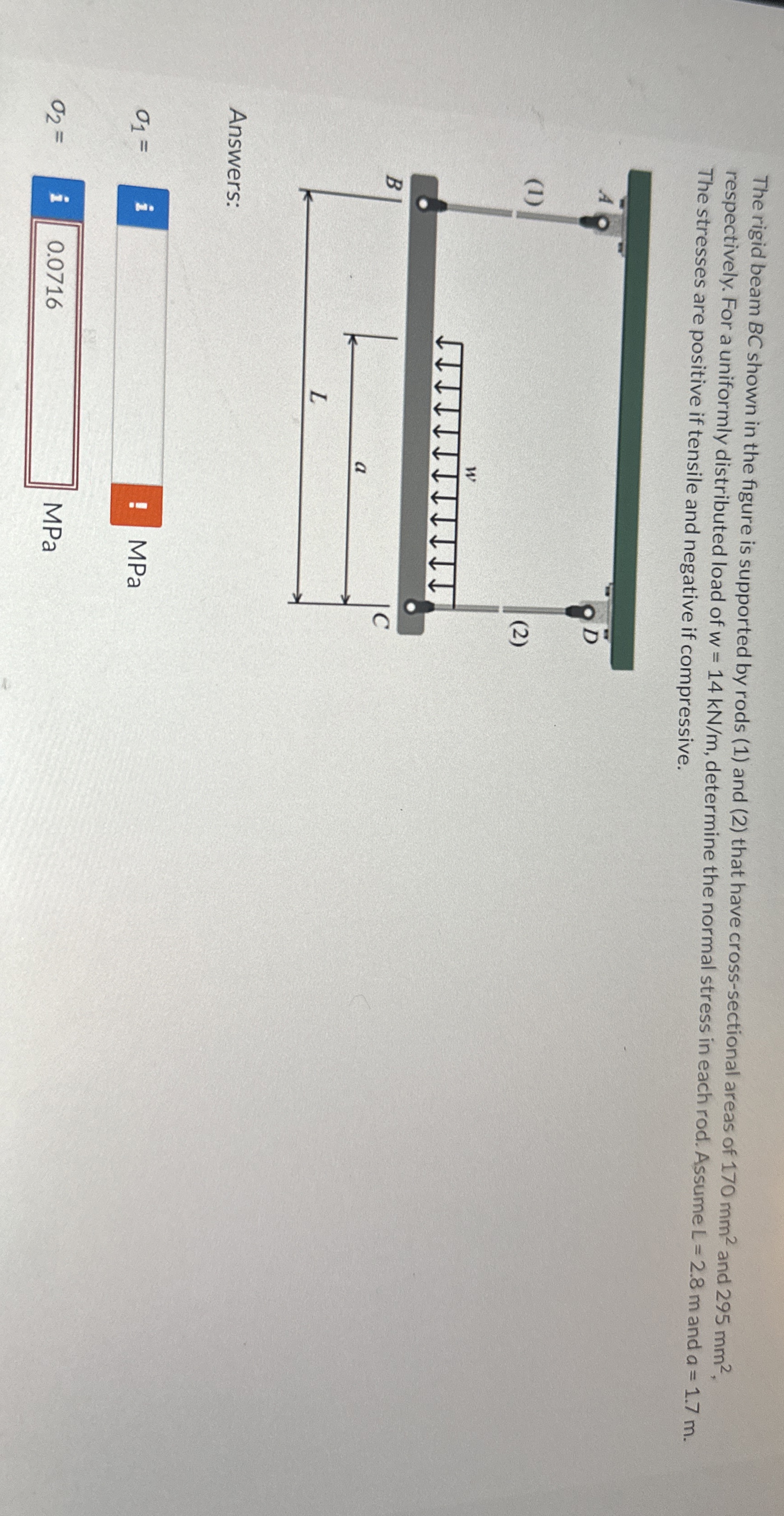 The rigid beam B C shown in the figure is