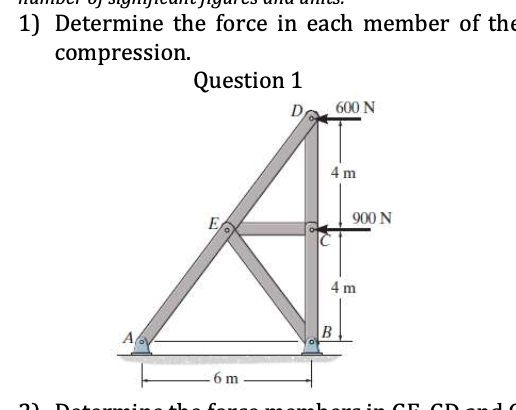 1 ) Determine the force in each member of the
