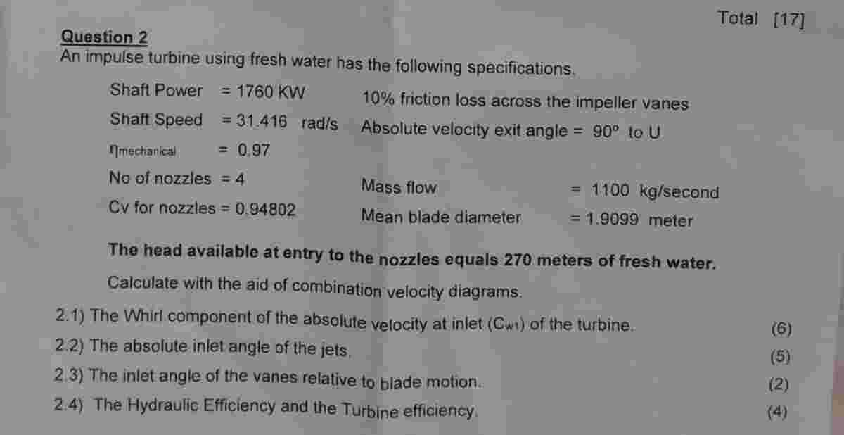 Question 2 An impulse turbine using fresh water