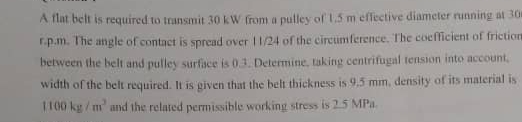 A flat belt is required to transmit 3 0 kW from a