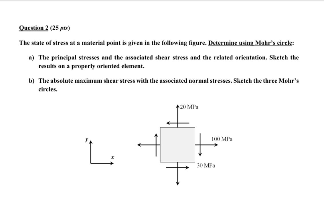 Question 2 ( 2 5 pts ) The state of stress at a