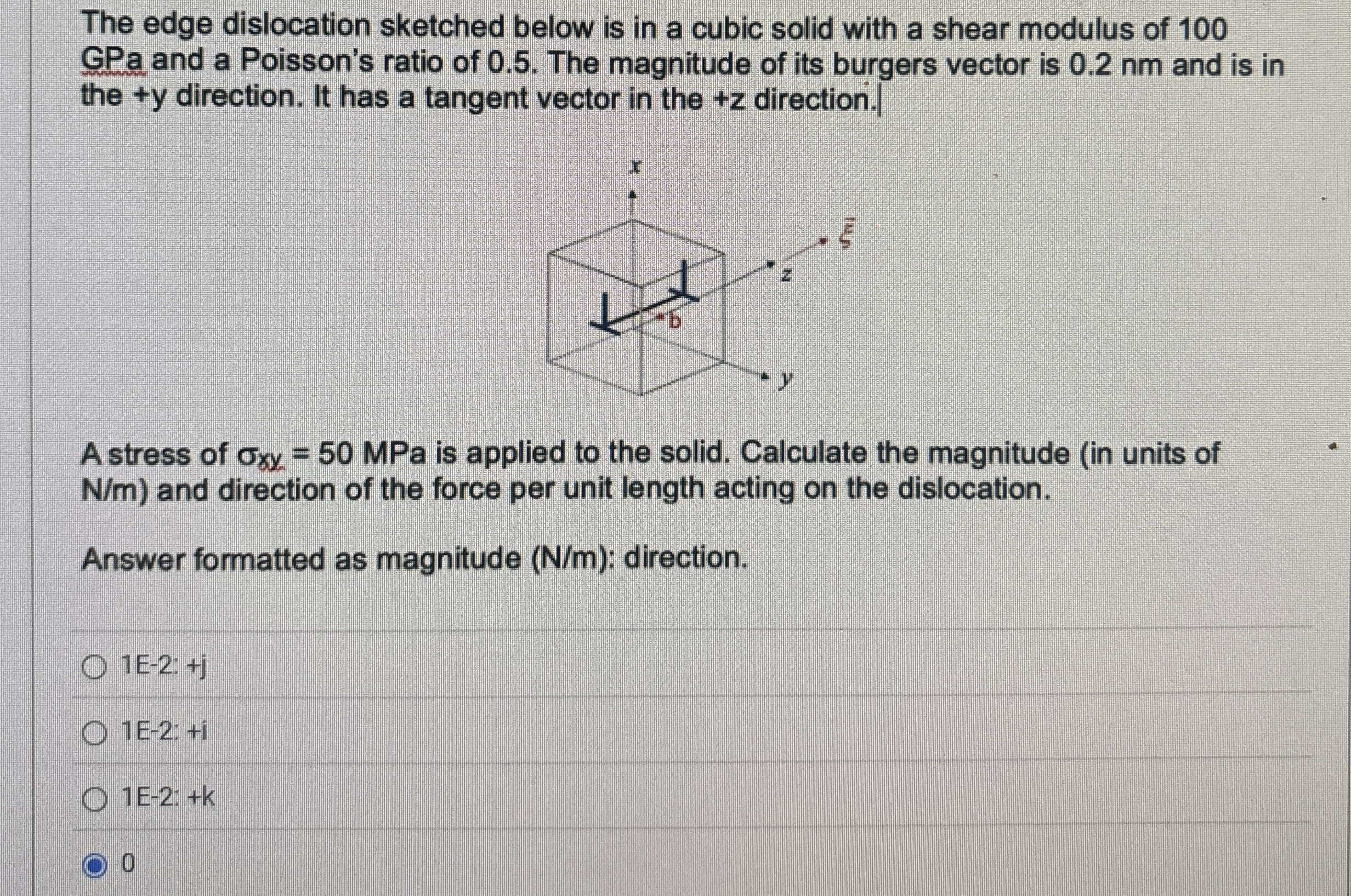 The edge dislocation sketched below is in a cubic