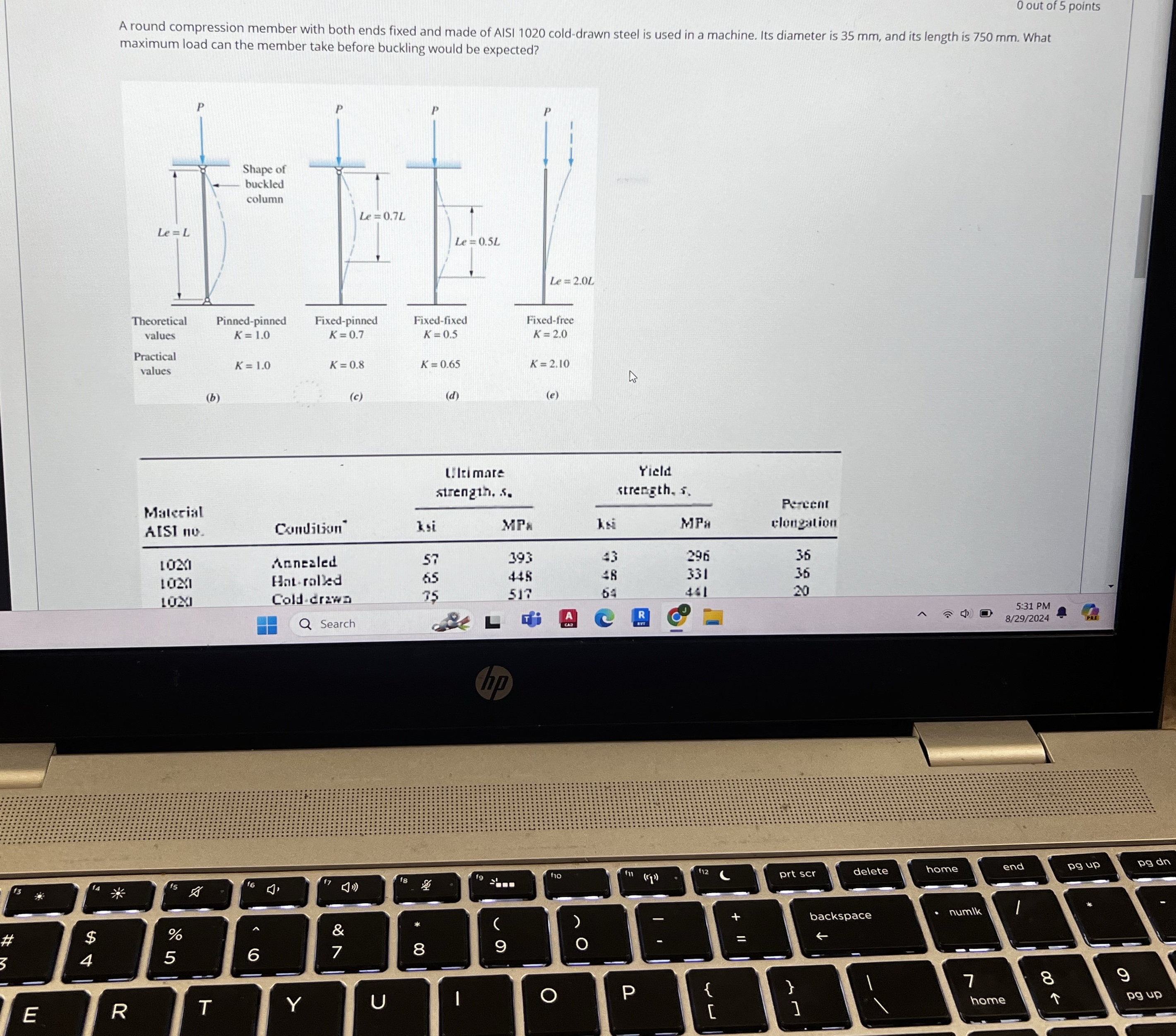 0 out of 5 points A round compression member with