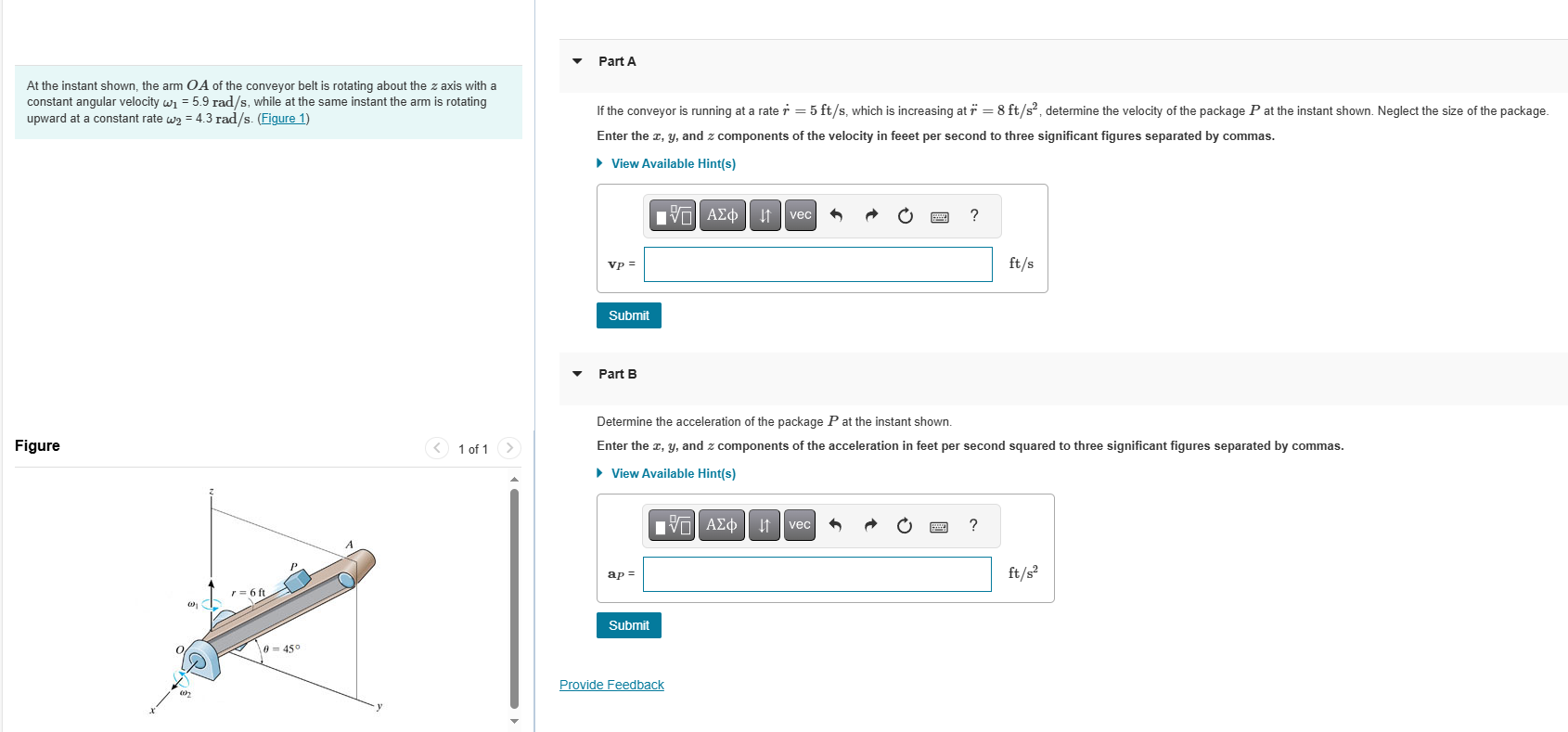 At the instant shown, the arm O A of the conveyor