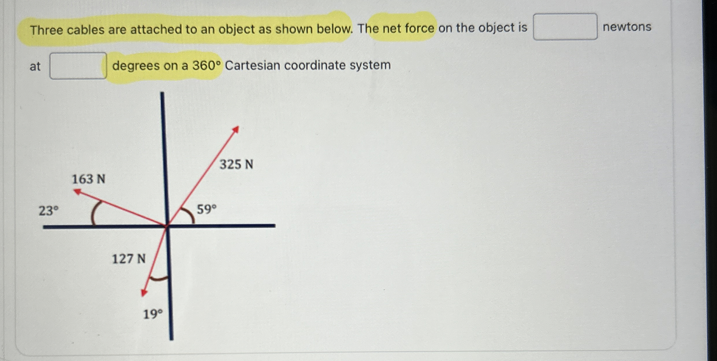 Three cables are attached to an object as shown