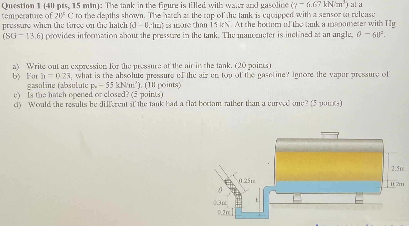 Question 1 ( 4 0 p t s , 1 5 min ) : The tank in