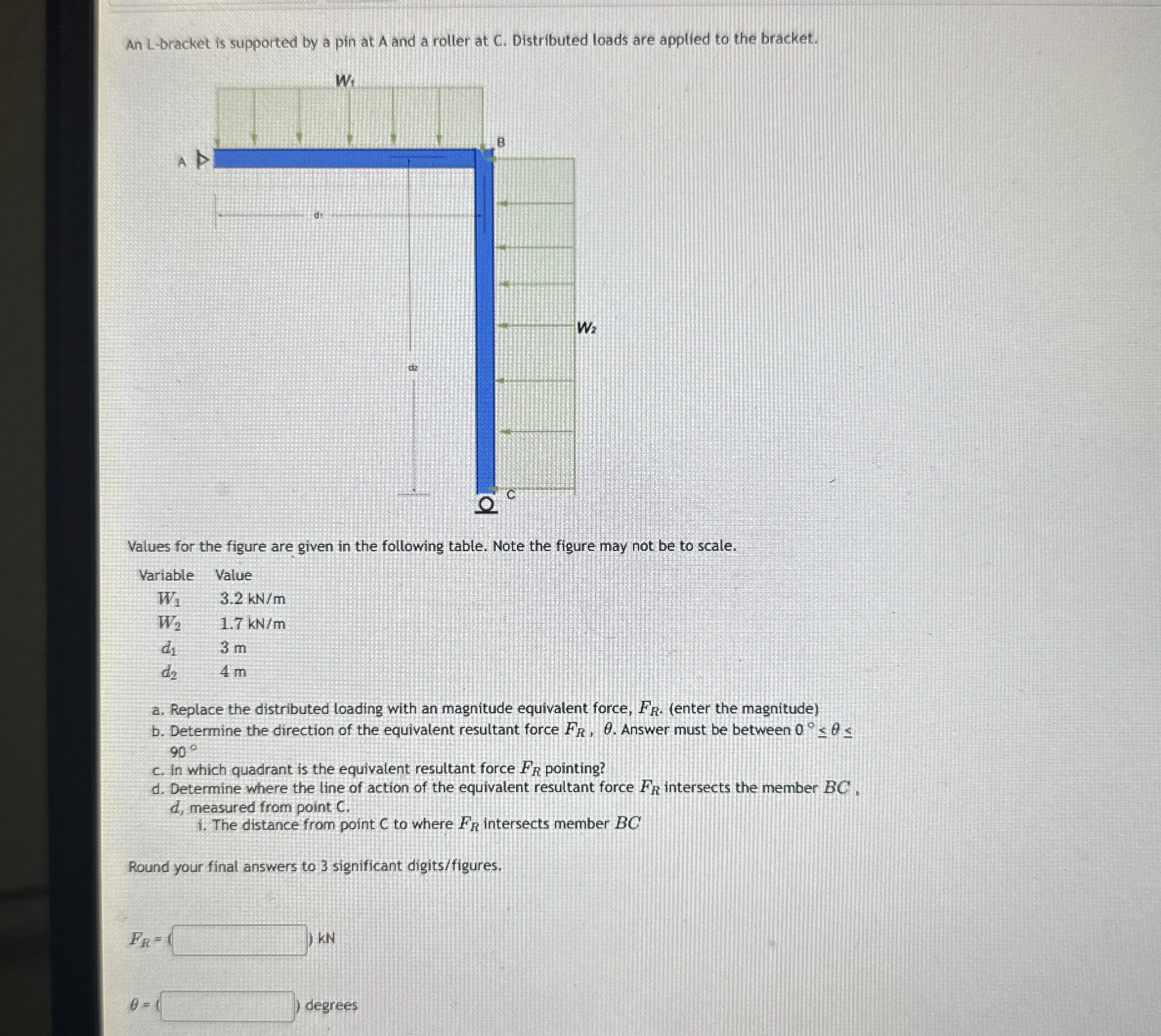 An L - bracket is supported by a pin at A and a