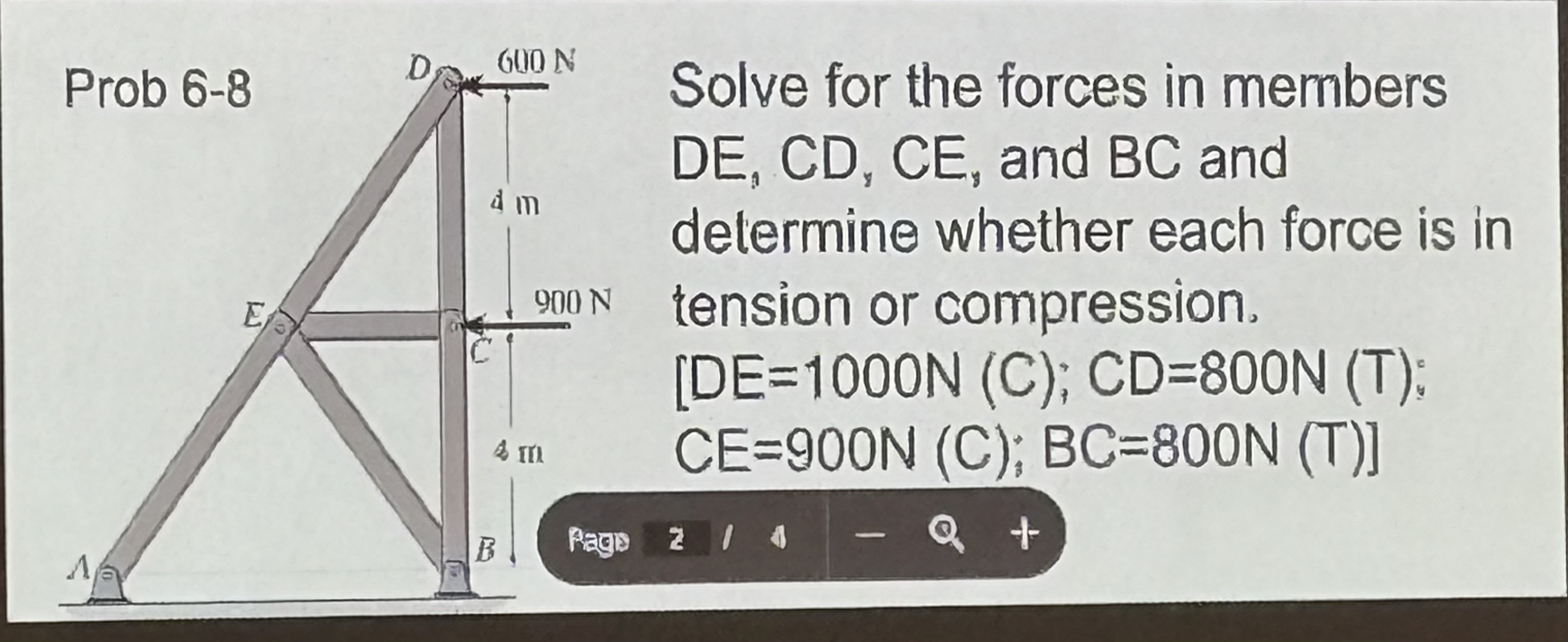 Solve for the forces in members D E , C D , C E ,