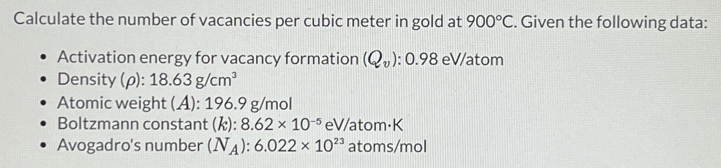 sCalculate the number of vacancies per cubic