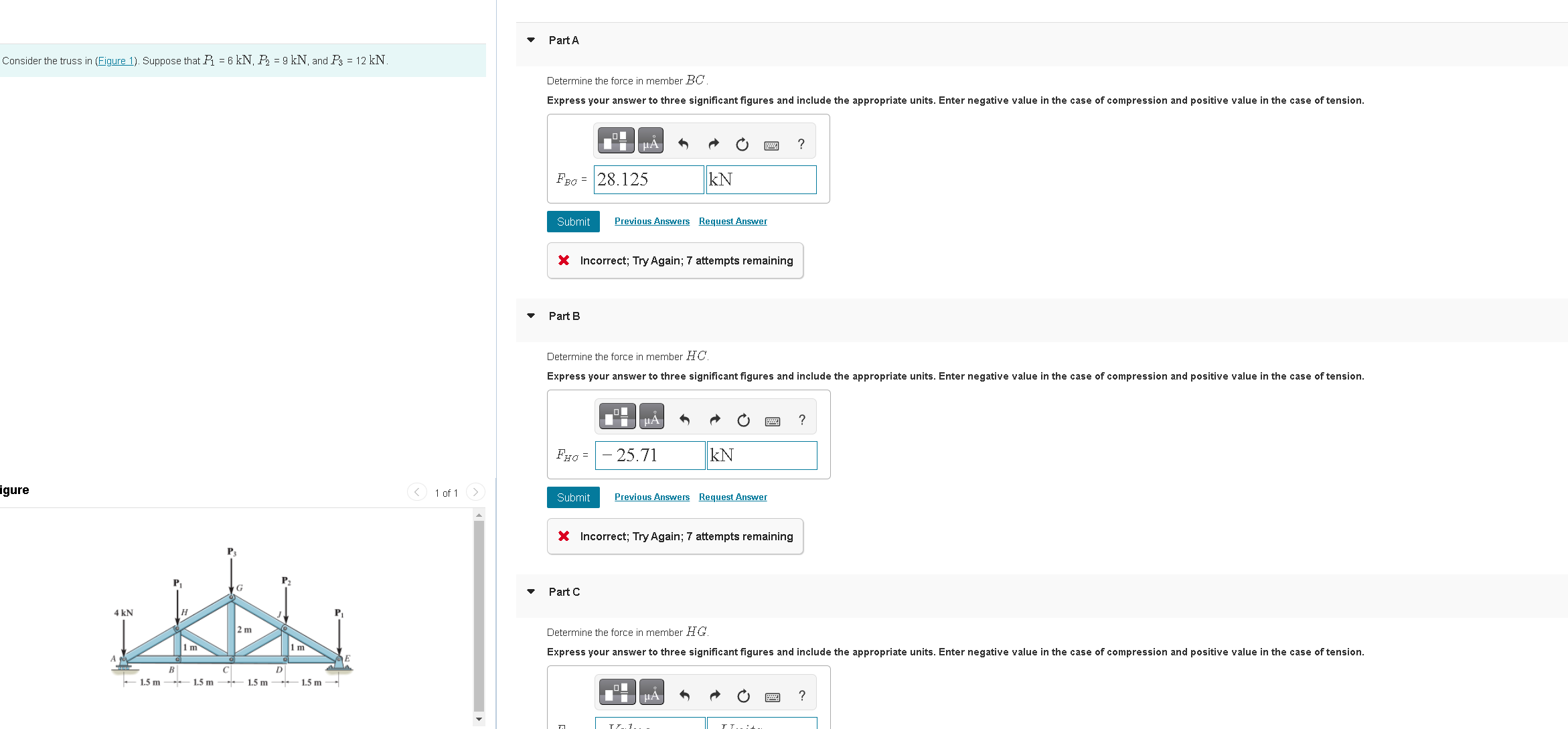 Determine the force in member \ ( B C \ ) Express