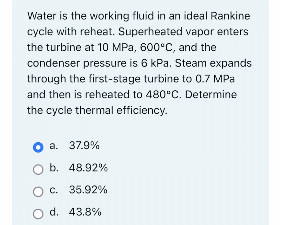 Water is the working fluid in an ideal Rankine