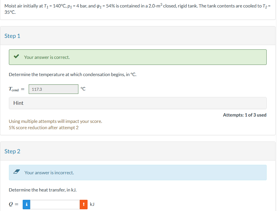 Moist air initially at T _ ( 1 ) = 1 4 0 \ deg C