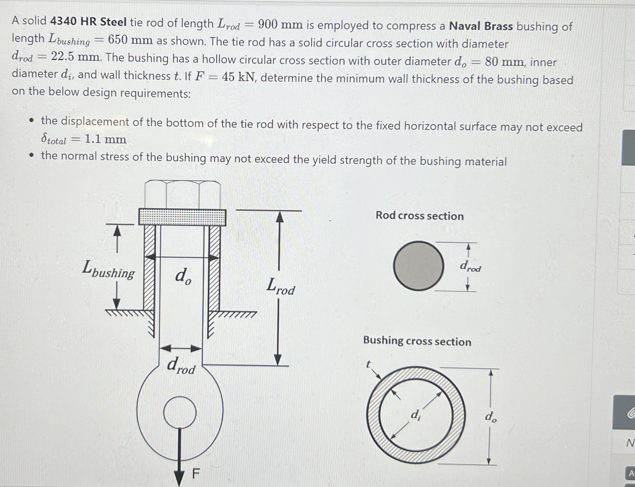 A solid 4 3 4 0 HR Steel tie rod of length L r o