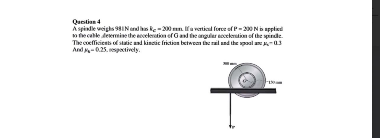 A spindle weighs 9 8 1 N and has k G = 2 0 0 m m