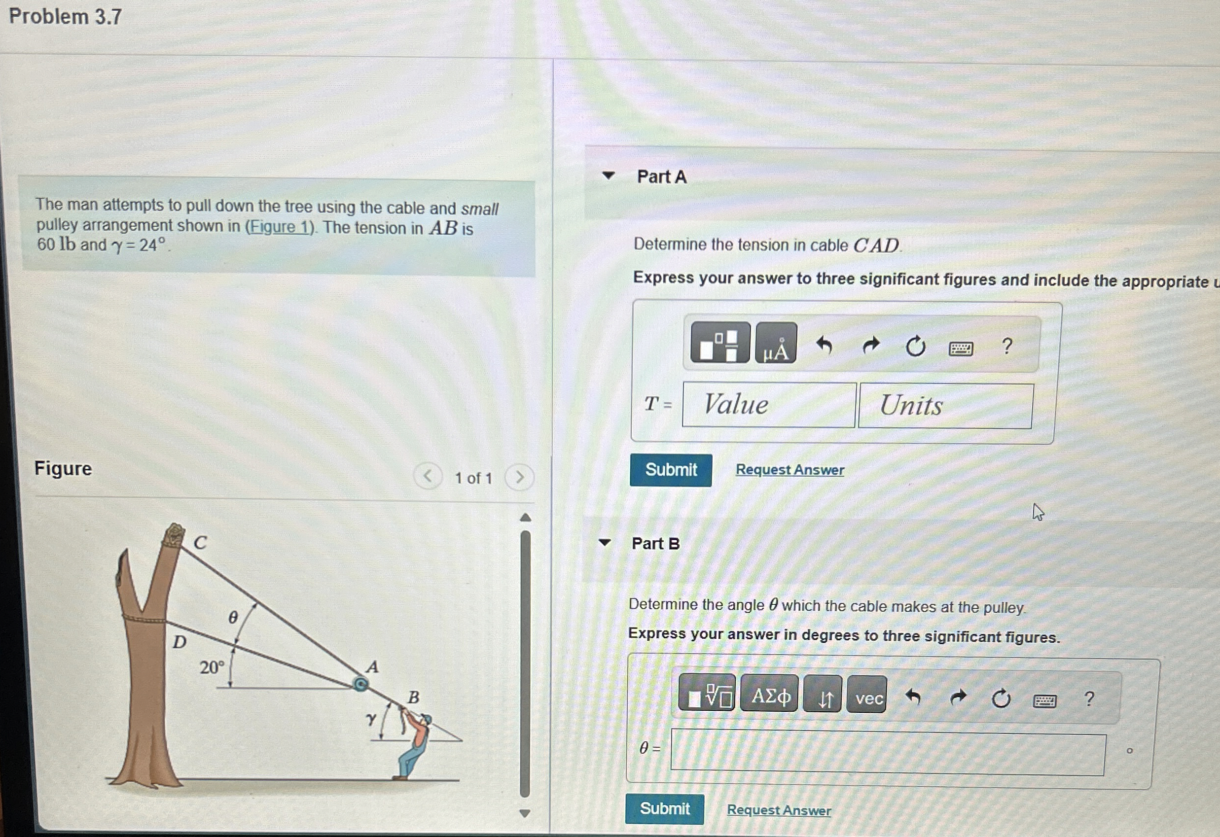 The man attempts to pull down the tree using the