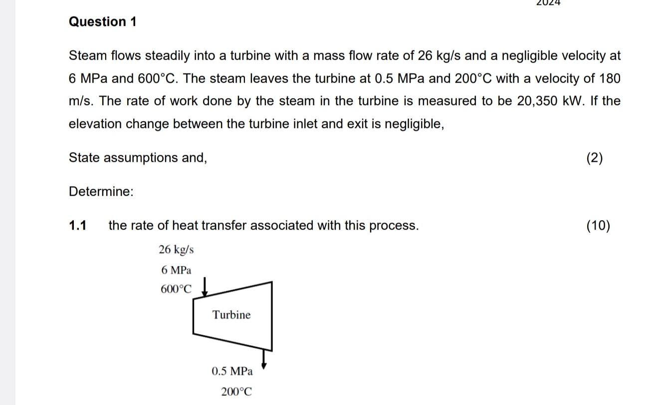 Question 1 Steam flows steadily into a turbine