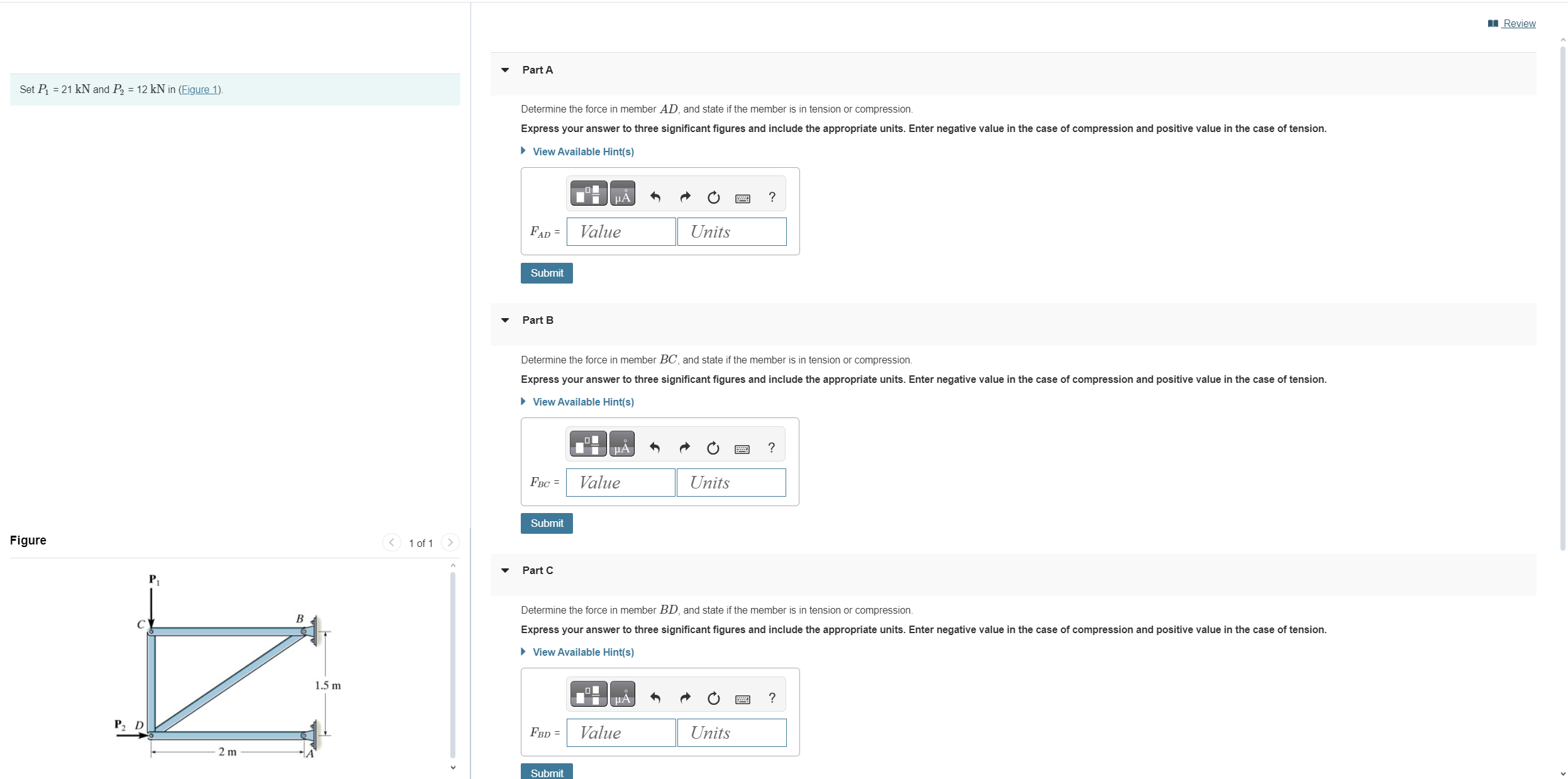 Set \ ( P _ { 1 } = 2 1 \ mathrm { kN } \ ) and \