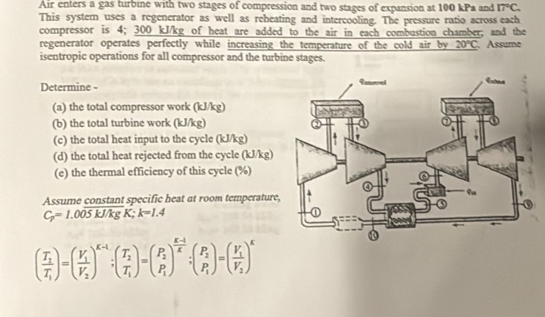 Air enters a gas turbine with two stages of