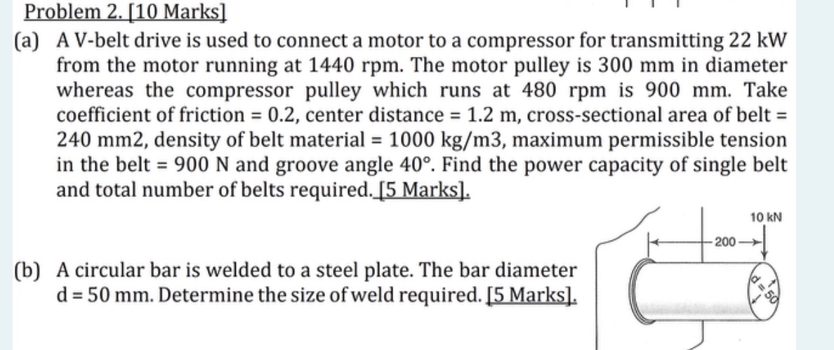 Problem 2 . [ 1 0 Marks ] ( a ) A V - belt drive