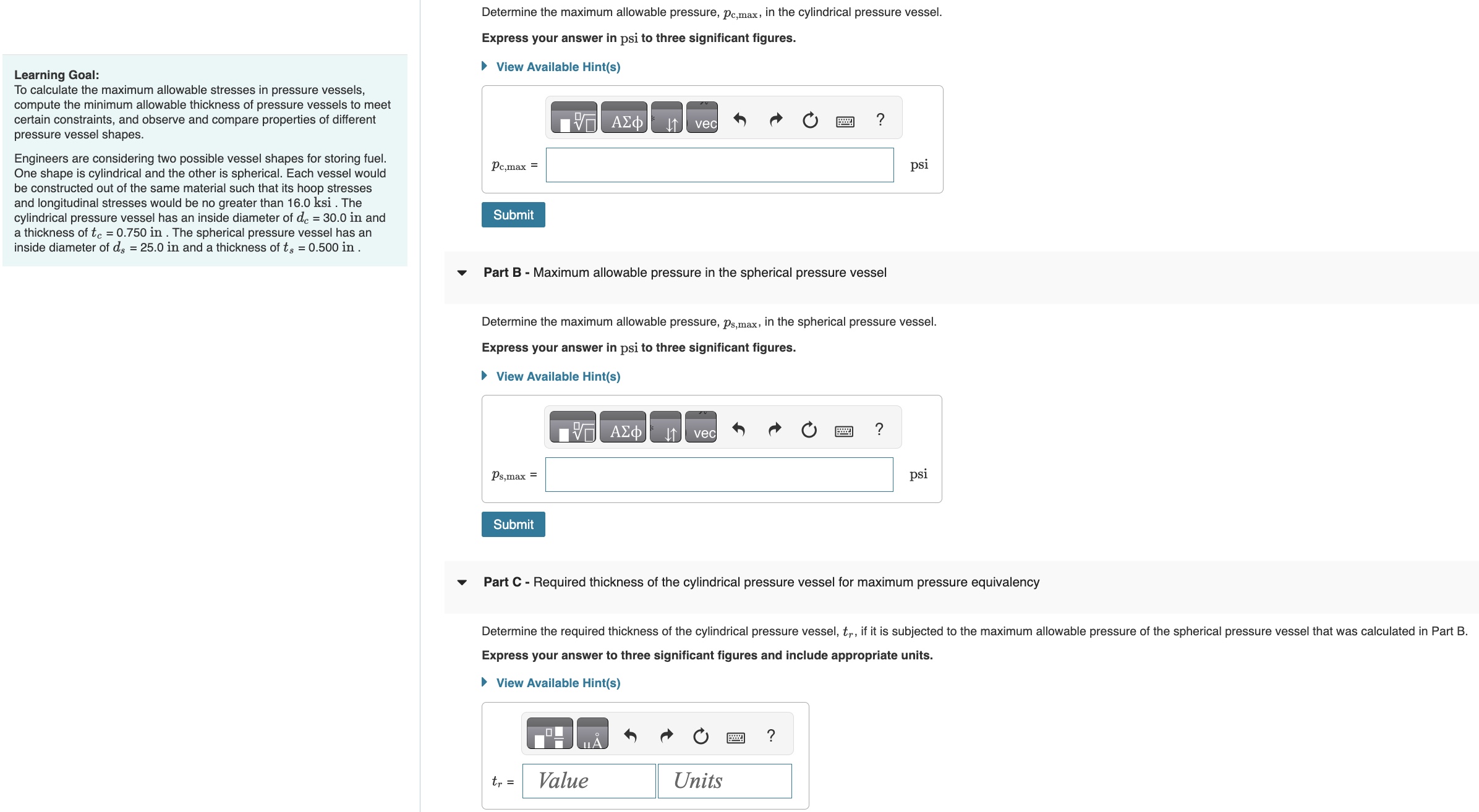 Determine the maximum allowable pressure, \ ( p _