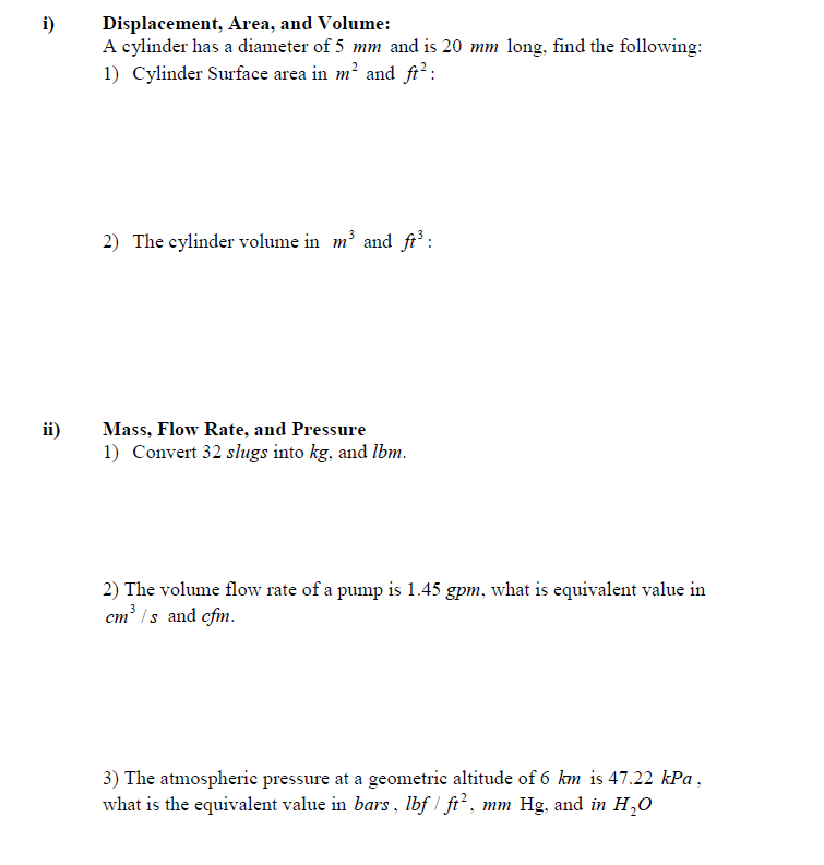 i ) Displacement, Area, and Volume: A cylinder