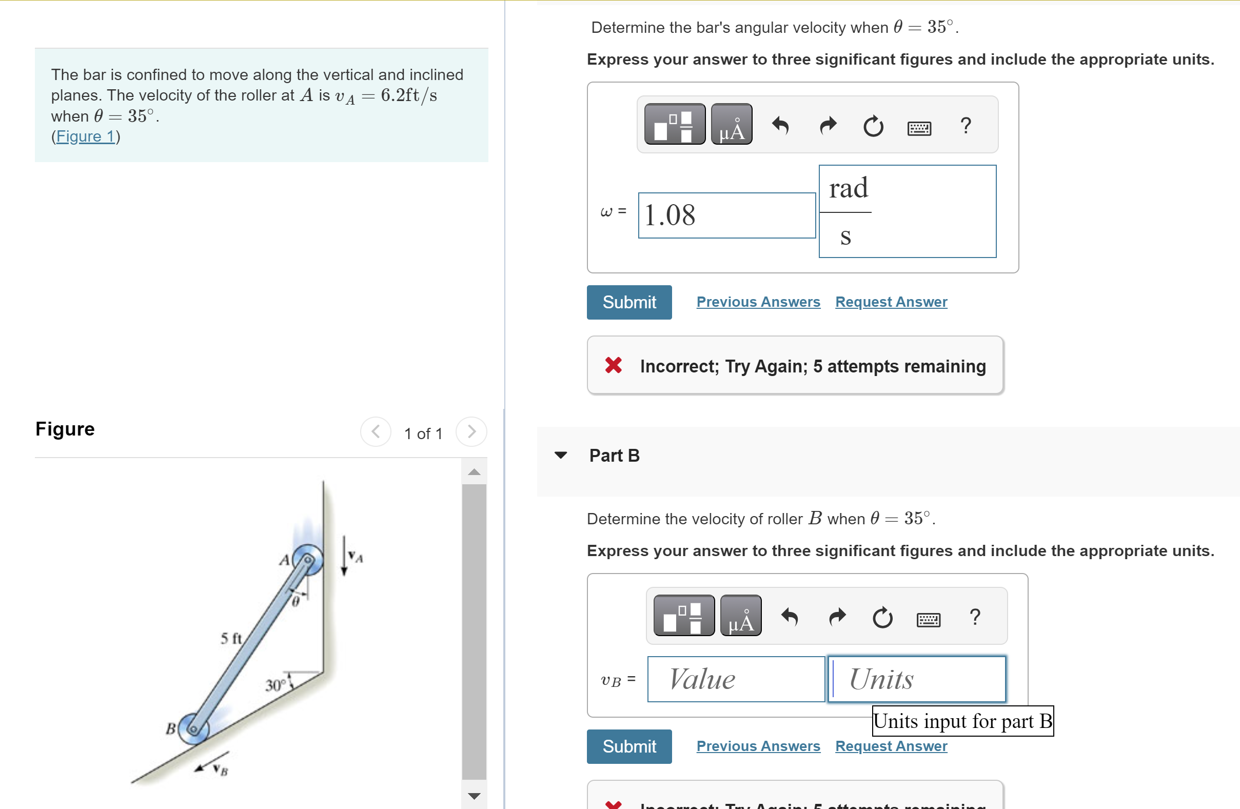Determine the bar's angular velocity when = 3 5 .