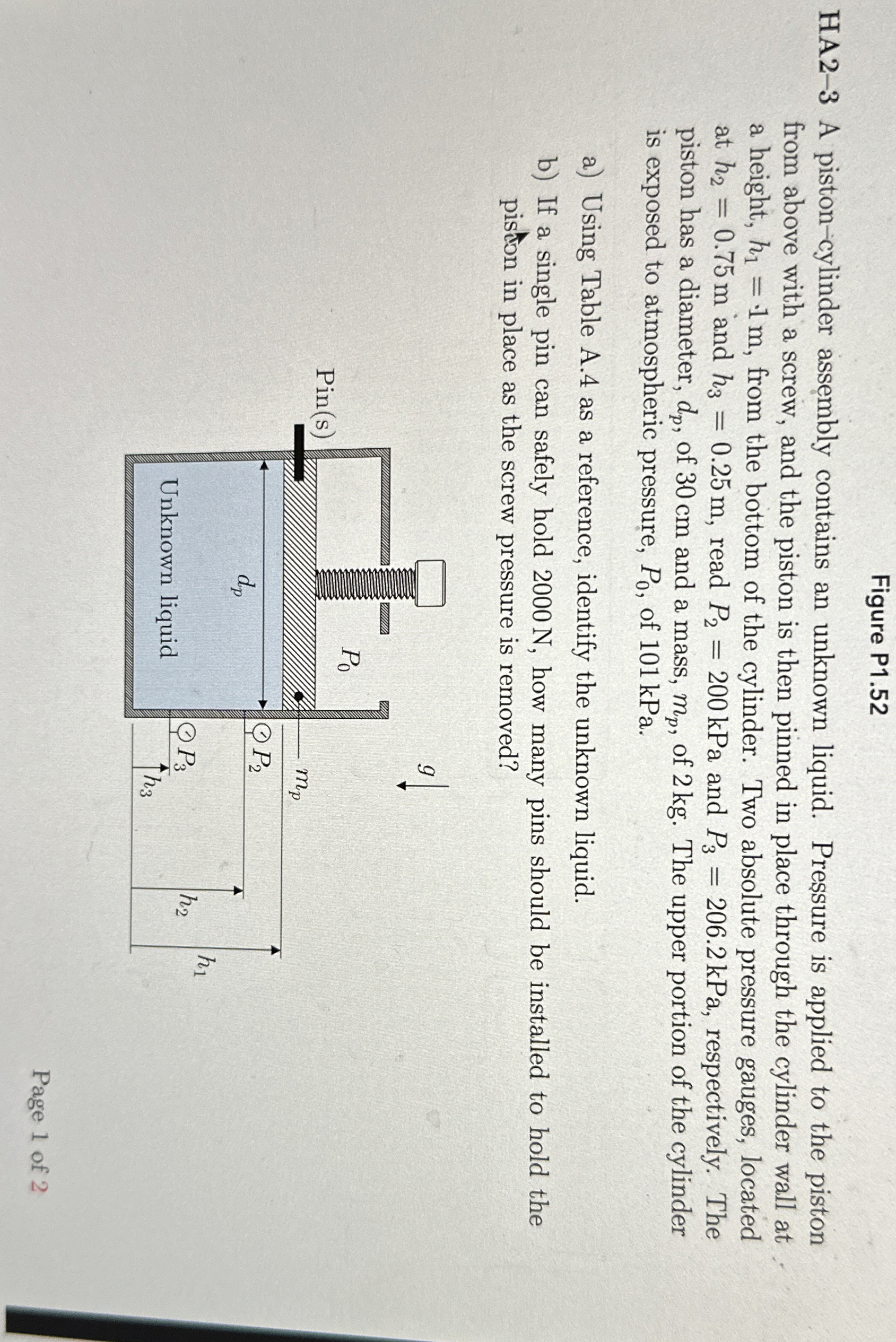 Figure P 1 . 5 2 HA 2 - 3 A piston - cylinder