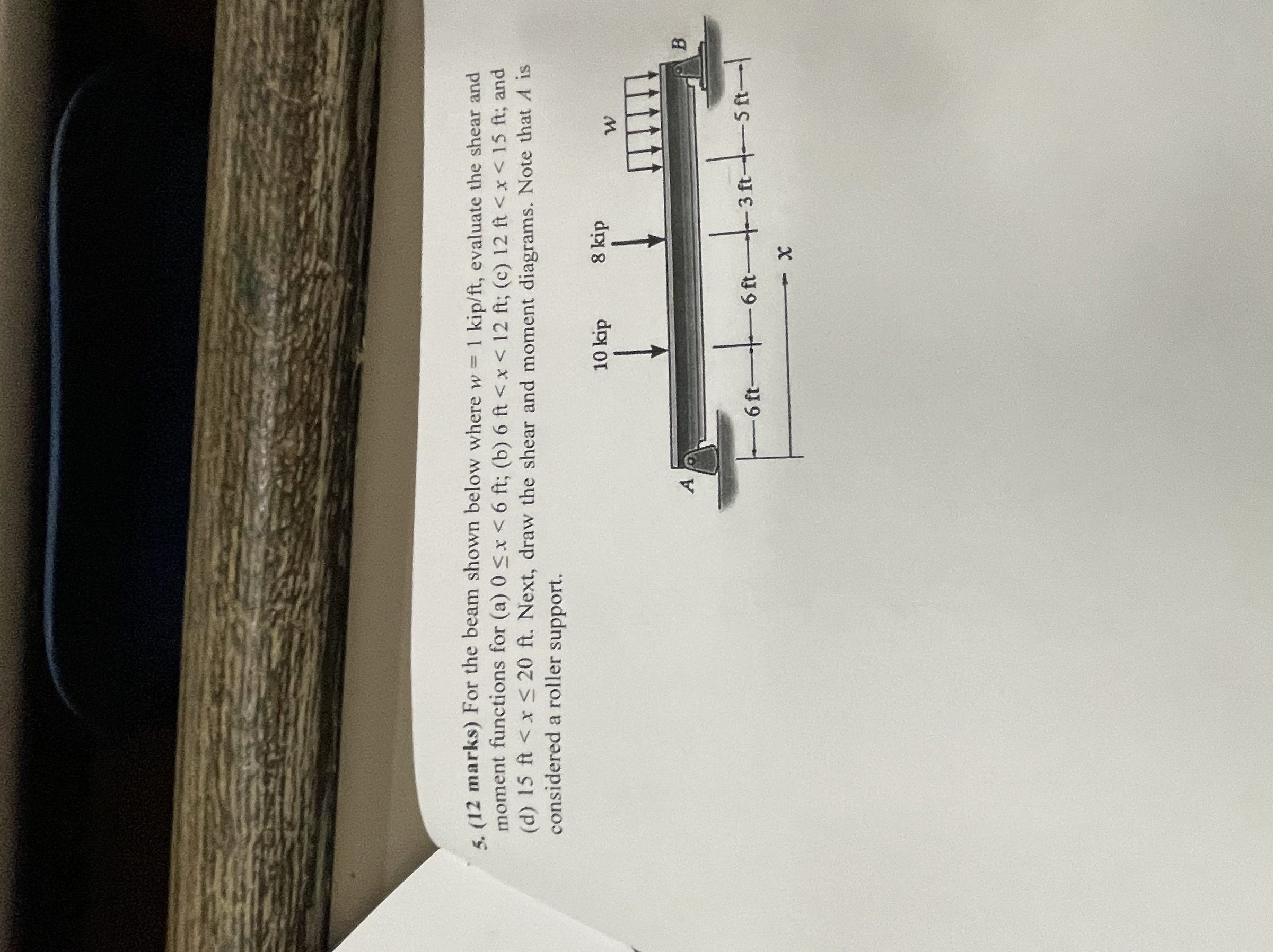 ( 1 2 marks ) For the beam shown below where w =