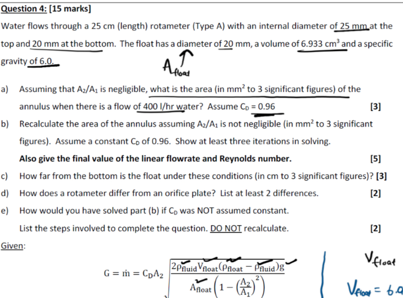 Question 4 : [ 1 5 marks ] Water flows through a