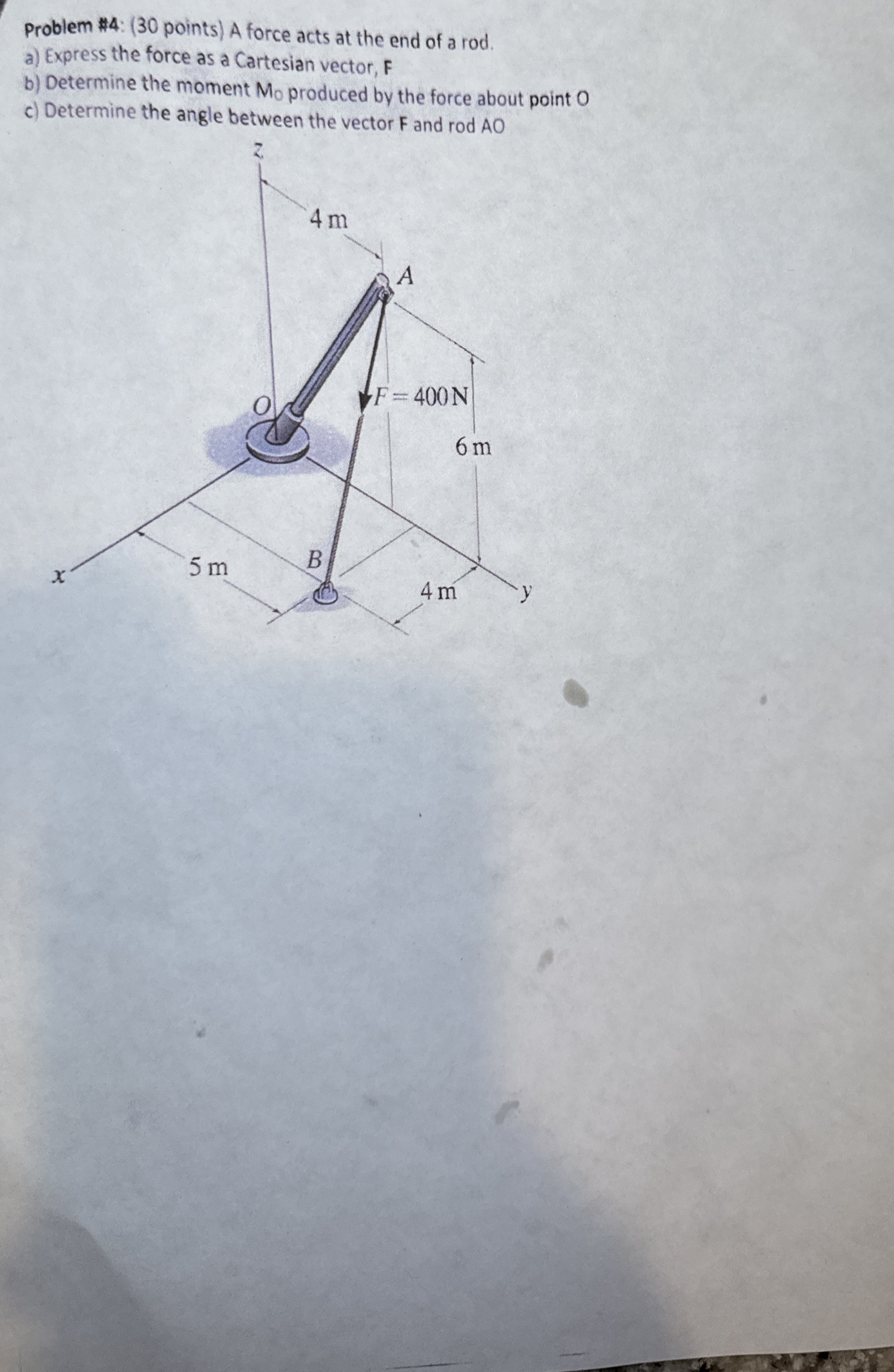 Problem # 4 : A force acts at the end of a rod. a