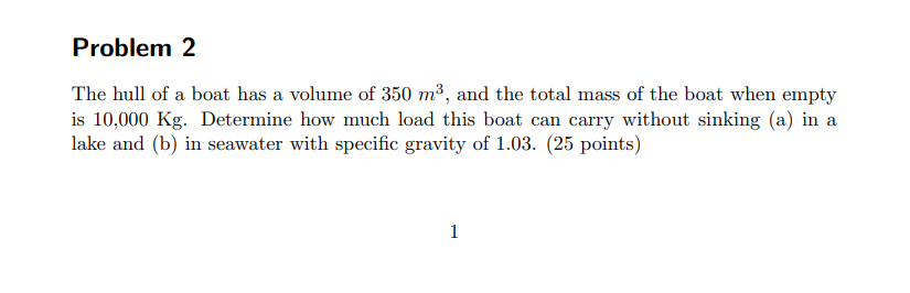Problem 2 The hull of a boat has a volume of \ (