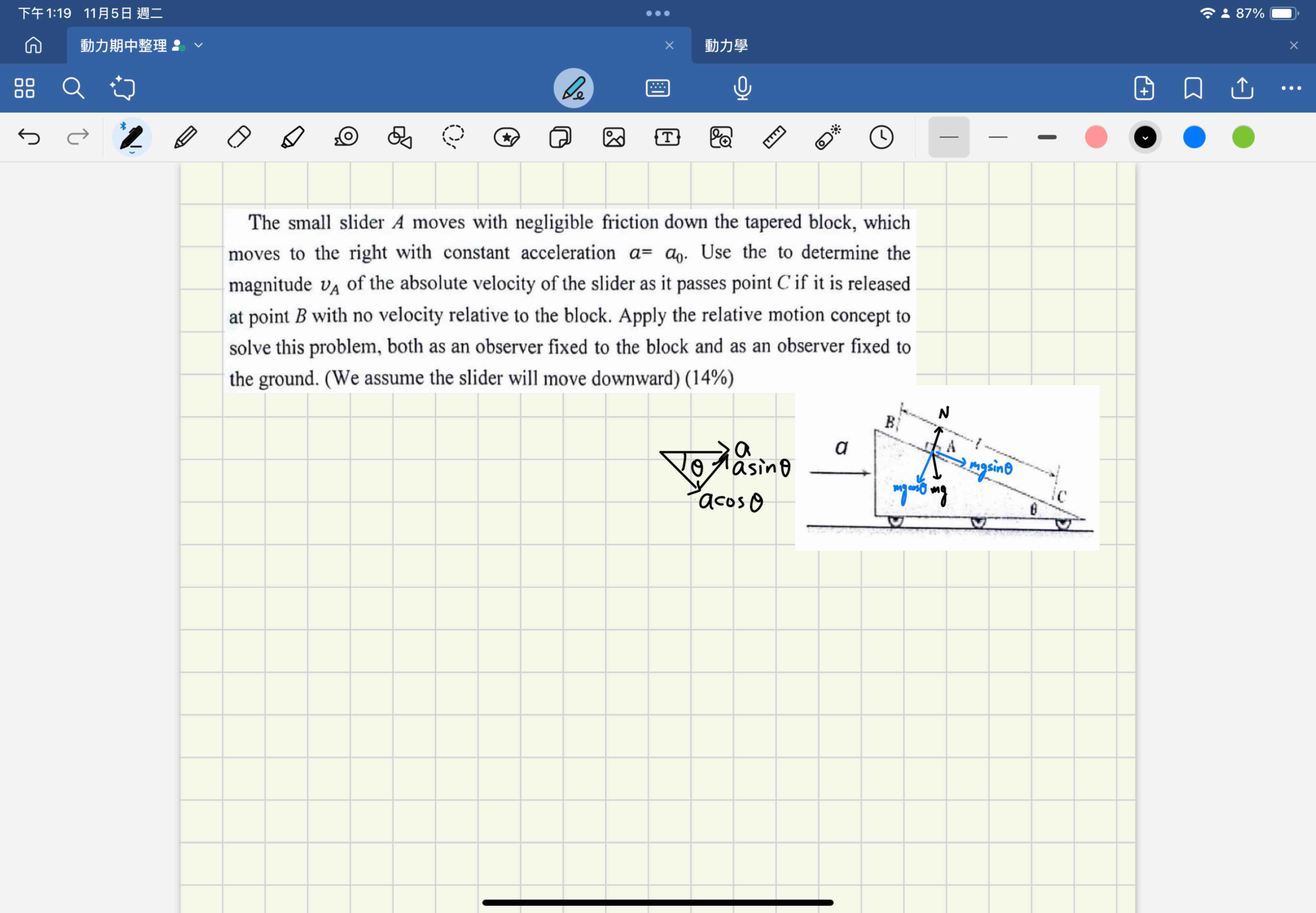 The small slider A moves with negligible friction