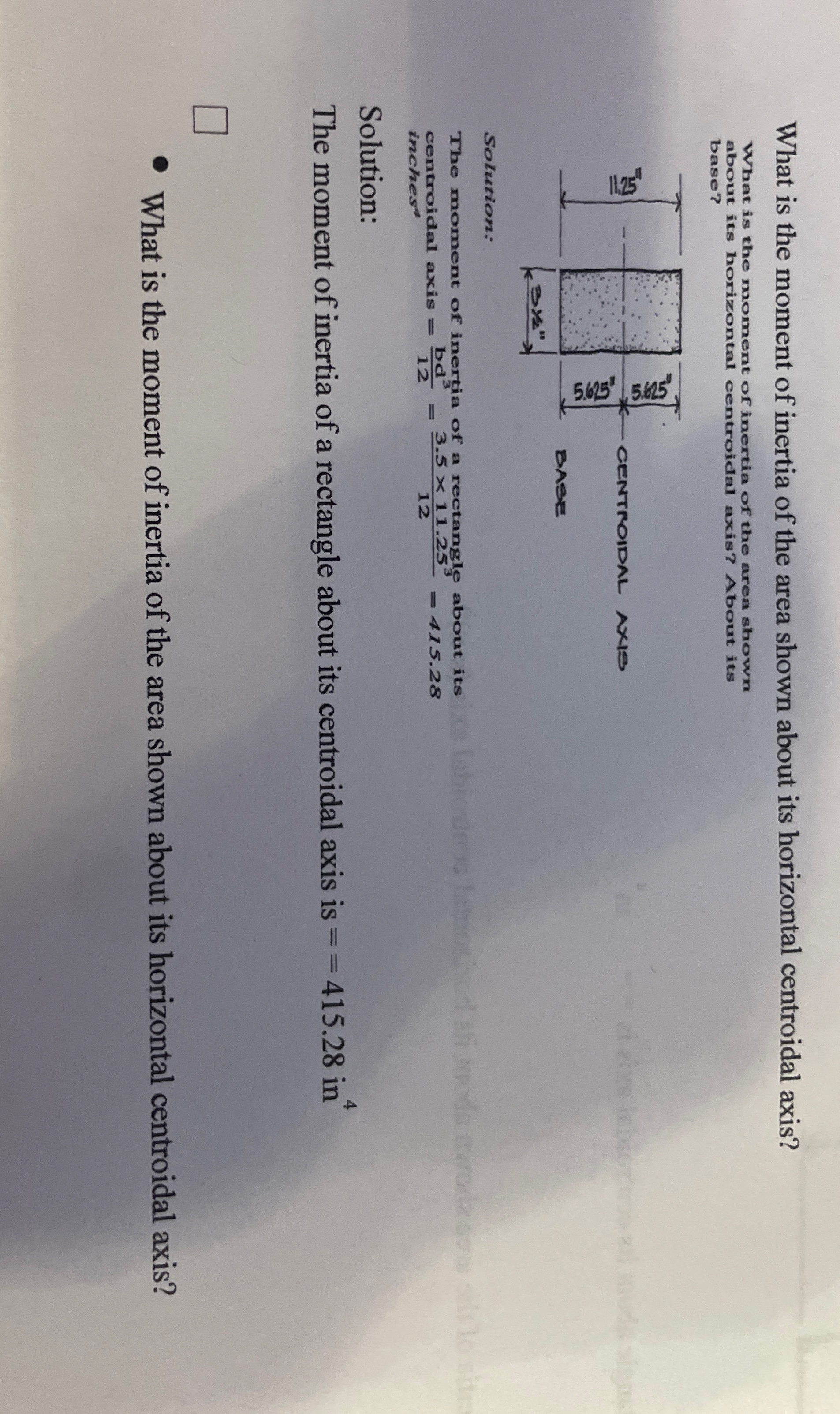 What is the moment of inertia of the area shown