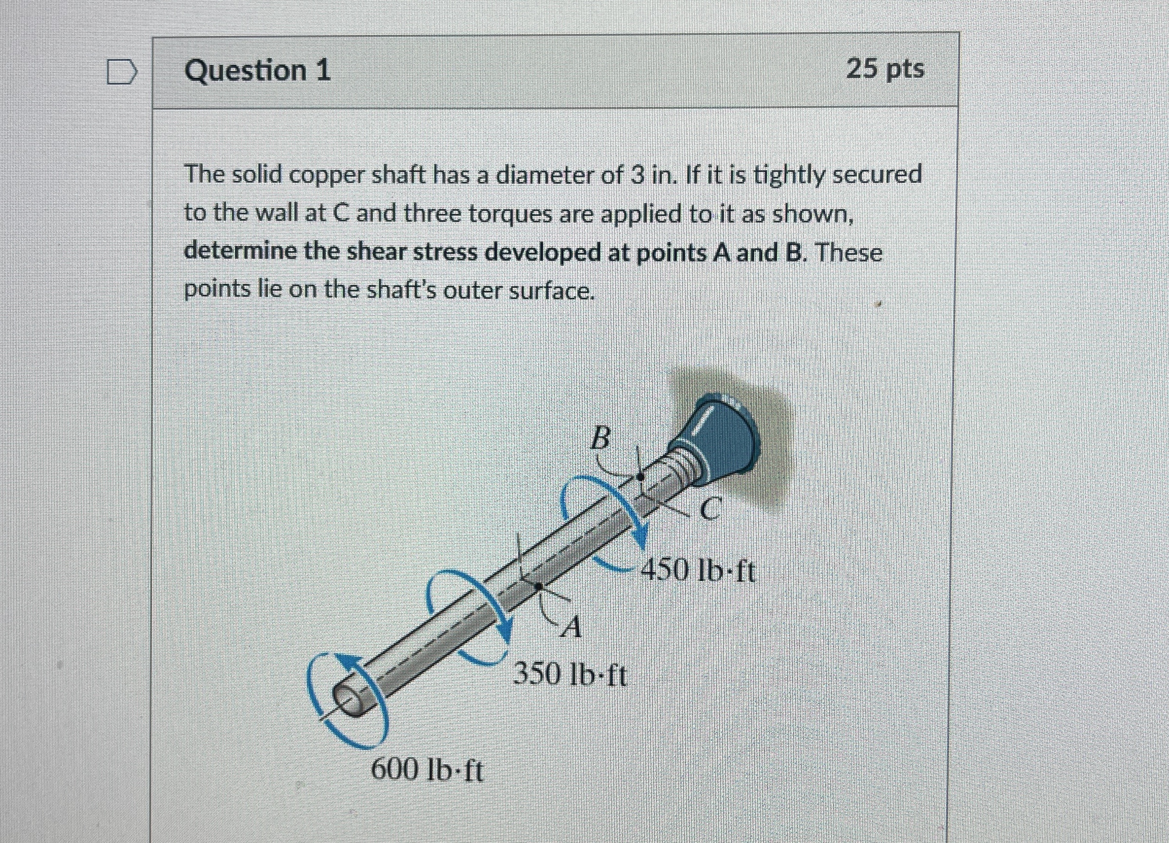 Question 1 2 5 pts The solid copper shaft has a