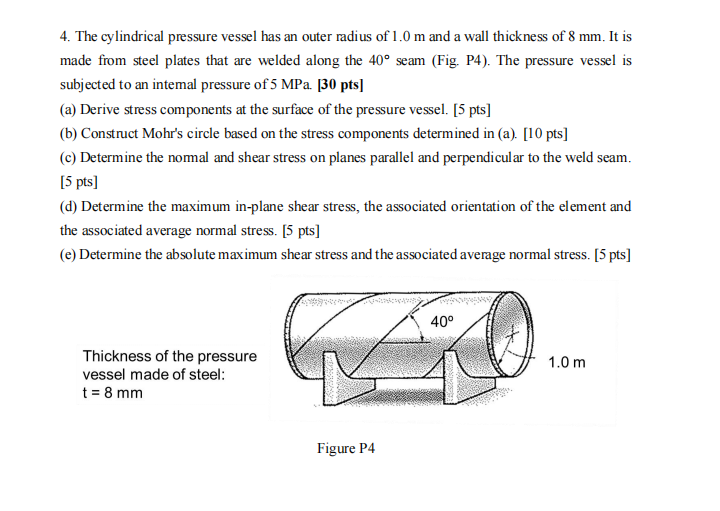 4 . The cylindrical pressure vessel has an outer